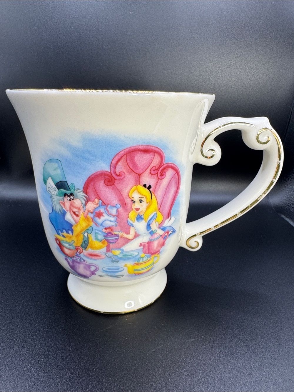 Disney Parks Alice in Wonderland Mad Hatter Gold Trim Pedestal Mug